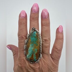 Navajo Pawn LARGE 2” Long Royston Turquoise & Silver Ring. Size 10.5